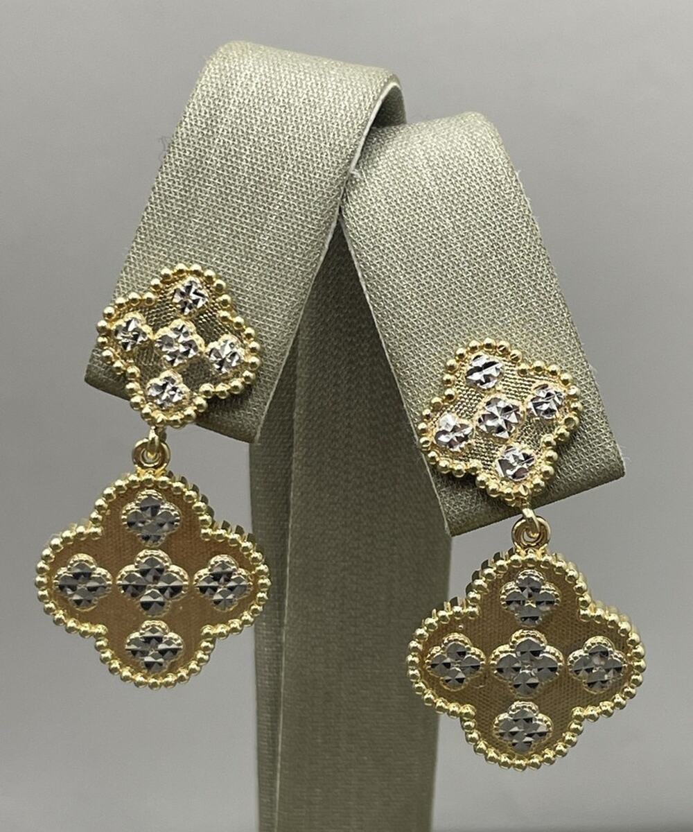14K Two-tone Clover Flower Dangle Style Earrings (26267)